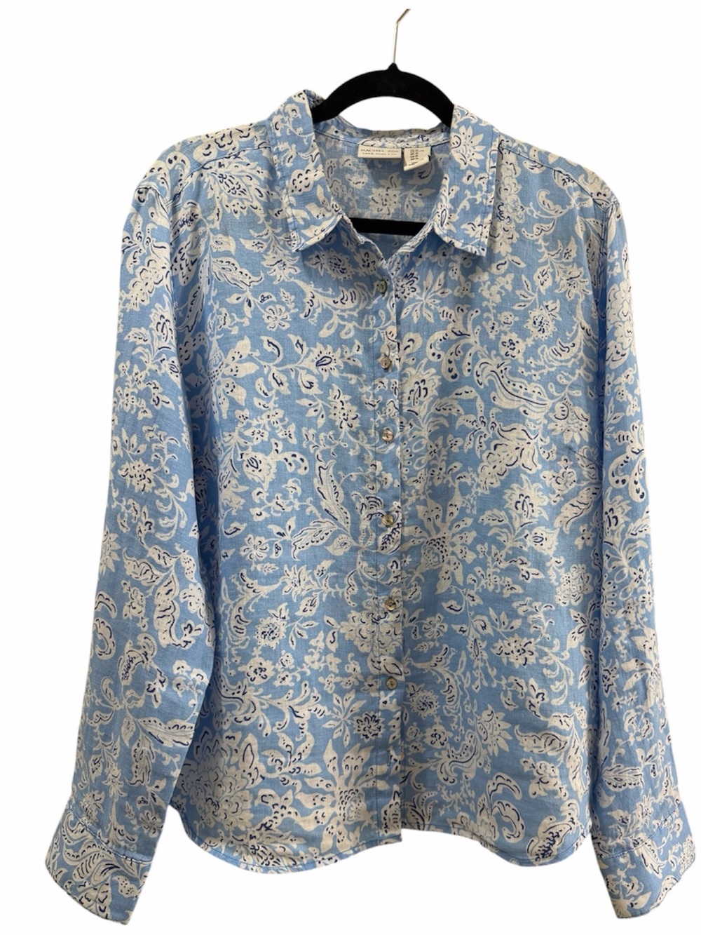 Rachel Zoe 100% Linen Paisley Button Down Shirt Light Blue White XL NWOT